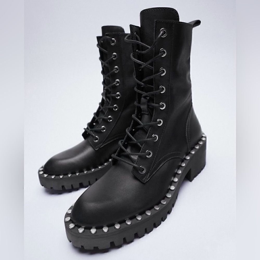 Zara Black Leather Military Lace Up Chunky Ankle Boots With Studs